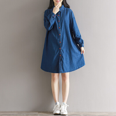 

CITYPLUS Senate Arts Relaxation Style Long Cuban Shirt Dresses Female CWQZ16Q452 Deep Cowboy Blue