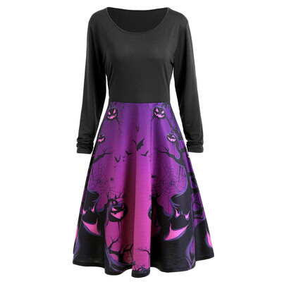 

Long Sleeve Halloween Ghost Print Flare Dress