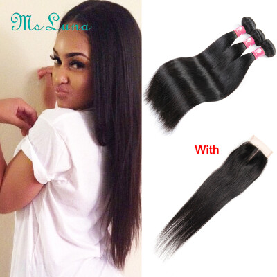 

Ms Luna Hair Brazilian Straight Human Hair Weaves with Closure 100% Human Hair Extension 3 PCS With 4x4" Free/3 Part Lace Closure