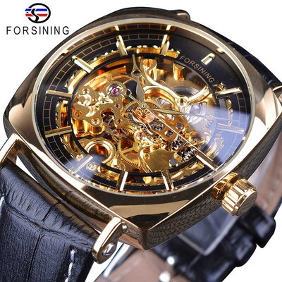 

Forsining Genuine Leather Fashion Royal Luxury Gold Clock Transparent Skeleton Men Automatic Mechanical Watches Top Brand
