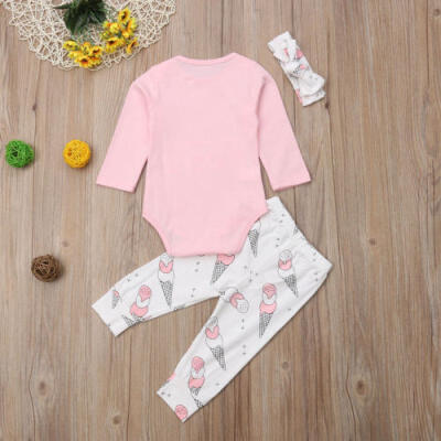 

Cute Newborn Baby Girls Clothes Tops RomperIce Cream Pants Headband Outfits