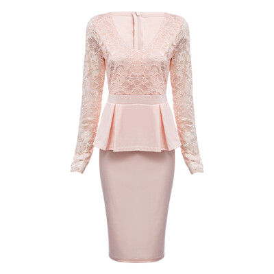 

Sexy V Neck Long Sleeve See-through Lace Spliced Bodycon Women Dress