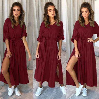 

New Womens Long Tunic Top Adjustable Sleeve V-Neck Split Dress With Belt