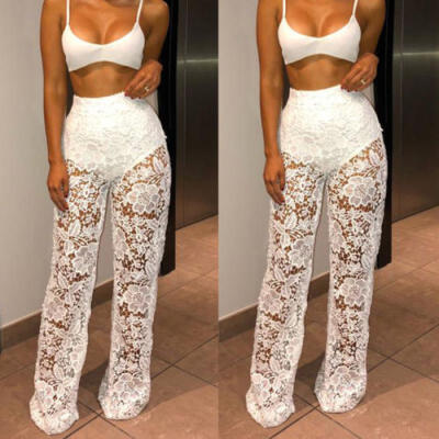 

Sexy Women Crochet Lace Hollow Out Bell-bottoms Flared Trousers Casual Pants