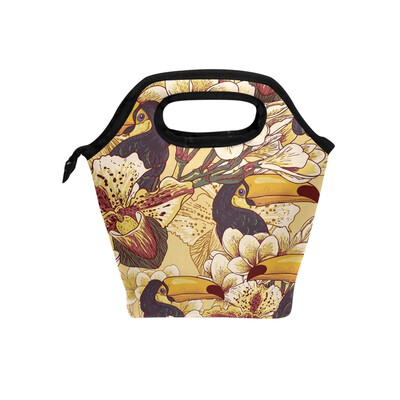 

Lunch Bag Flower And Birds Tote Travel Picnic Insulated Handbags Portable Zipper Lunch Bag Box