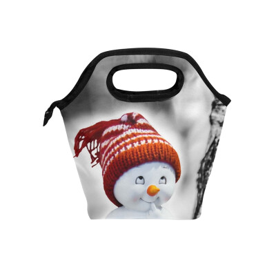 

Insulated Lunch Tote Bag Red Cap Snowman Travel Picnic Lunch Handbags Portable Zipper Lunch Bag Box