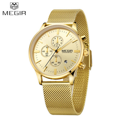 

MEGIR Mens Quartz Watch Stainless Steel Mesh Band Black Watch Chronograph A2Q5