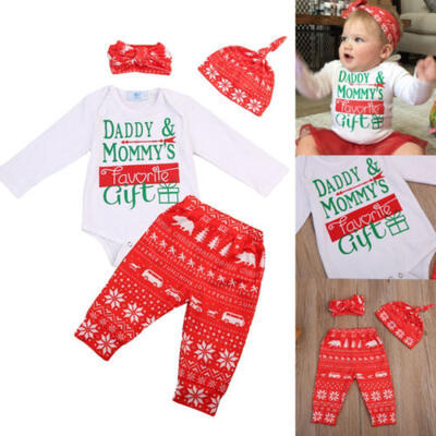 

Newborn Baby Boys Girls Christmas Clothes Tops Romper Pants Hat 4PCS Outfits Set