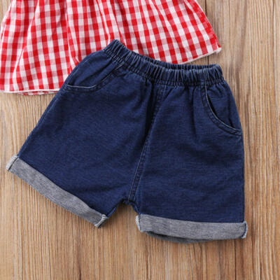 

New Toddler Kids Girls Plaid Tops T-shirt & Short Jeans Casual Outfits Set 1-6Y