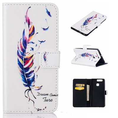 

Blue plumes Design PU Leather Flip Cover Wallet Card Holder Case for HUAWEI P9