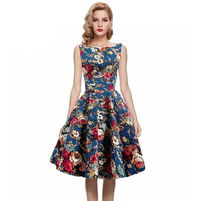 

Summer Vintage Floral Print Cotton Dresses European Style Women Sleeveless Slim Pleated Dress