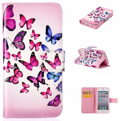 

Pink and blue butterfly Design PU Leather Flip Cover Wallet Card Holder Case for IPHONE 5S/5SE