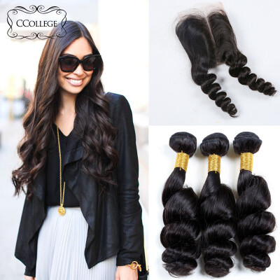 

Ccollege Hair 3 Bundles Loose Wave Human Hair With Closure 100% Human Hair Lace Closure Wet And Wavy Virgin Malaysian Hair Closure