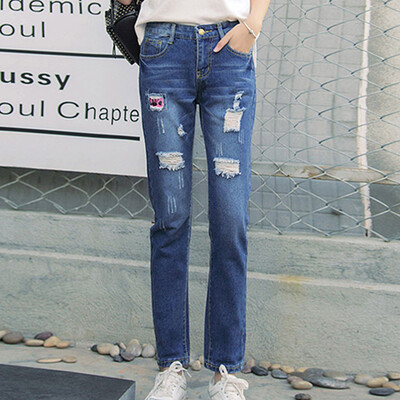 

Long Yue Women Korean College Wind Patch Buried Pants 9pcs Pants LWKN172424 Light Blue M