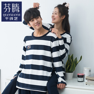 

Thousands of lines fall men&women couples pajamas long sleeves pants men&women Korean regular home service uniforms suit Q563105 blue stripes - female