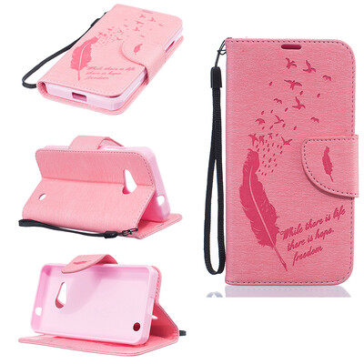 

Pink Feathers and birds Style Embossing Classic Flip Cover with Stand Function and Credit Card Slot for Microsoft Lumia N550
