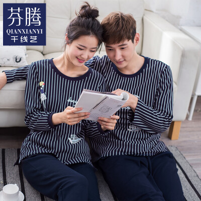 

Thousand Arts Autumn Korean Couples Men&Women Pajamas Long Sleeve Striped Cartoon Home Set Set Q563152 Po Lan - Female XL