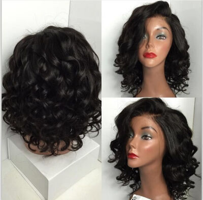 

Short Bob Wavy Human Hair Wigs With Bangs For Black Women 100% Unprocessed Virgin Brazilian Lace Front Bob Wave Wig