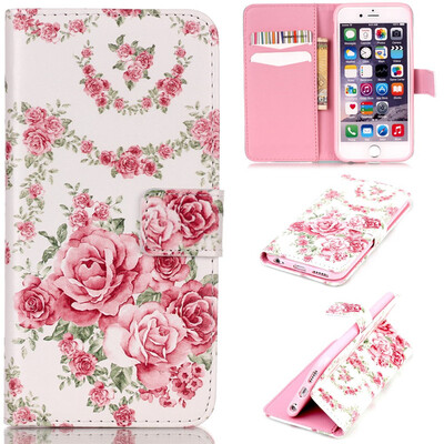 

Pink Rose Design PU Leather Flip Cover Wallet Card Holder Case for IPHONE 6/6S