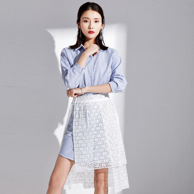 

MAZOE Korean Dress Set Casual Shirt Style Lace Dress M017 Blue L