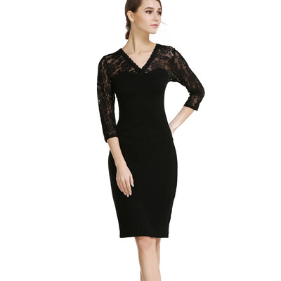 

Buenos Ninos Women's V-neck 3/4 Sleeve Lace Patchwork Pencil Midi Cocktail Dress