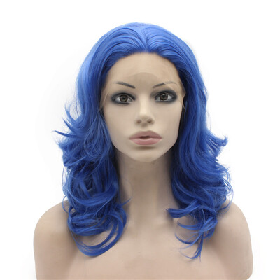 

16inch Shoulder Length Wavy Lace Front Synthetic Hair Blue Party Wig