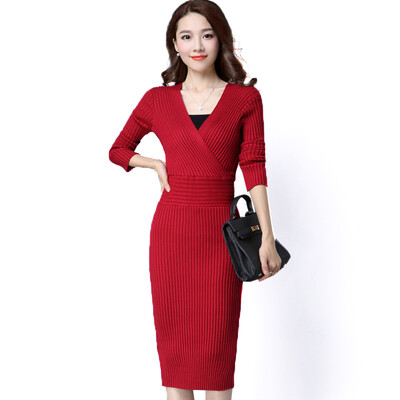 

A pond morning 2017 fashion V collar Slim big yards underwear shirt high collar sweater women&39s hats in the long section of knitted sexy long-sleeved dress spring S63U9993 wine red M
