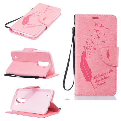 

Pink Feathers and birds Style Embossing Classic Flip Cover with Stand Function and Credit Card Slot for LG K7/K8