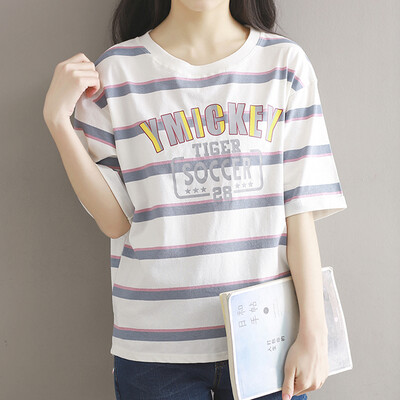 

City Plus CITYPLUS College of Arts&the wind is loose&elegant temperament wild striped printing T-shirt CWTD173162 blue&white