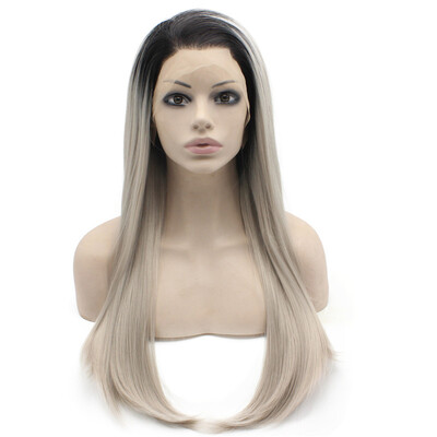 

Iwona Synthetic Hair Lace Front Long Stright Ombre Black Gray Blonde Two Tone Wig