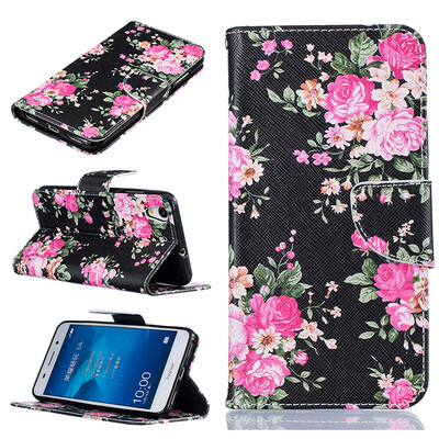 

Black flowers Design PU Leather Flip Cover Wallet Card Holder Case for HUAWEI Y6 IIHonor 5A