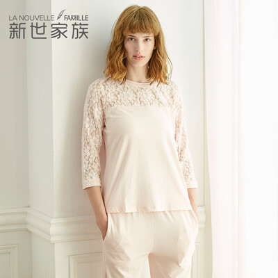 

Jingdong Supermarket New Century family pajamas spring cotton 2017 new suit long-sleeved trousers lace home service XB57001 pink
