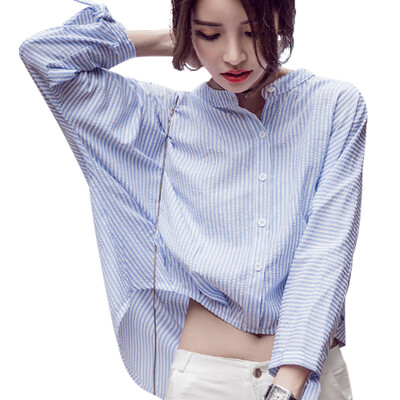 

Longyue women Korean striped bat sleeves collar shirt loose nine sleeves fashion shirt LWCC172115 blue