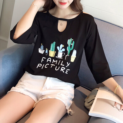 

VIVAHEART Korean casual loose hollow print T-shirt T-shirt female Korean version of the round neck shirt VWTD173132 black L