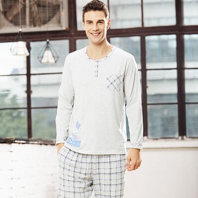 

Han Cai HACAI men&39s pajamas long-sleeved modal round neck thin card cartoon printing male home service suit light gray gray 180105