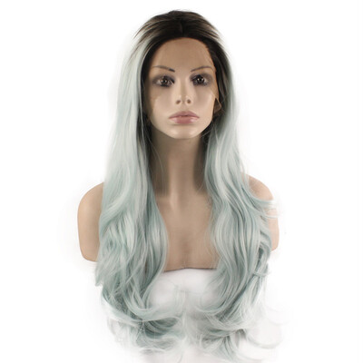 

Long Wavy Dark Root Blue Two Tone Lace Front Ombre Wig