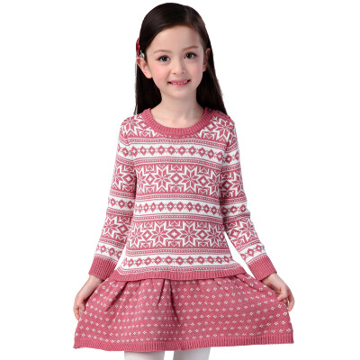 

Xin Song girl pink fashion snowflake long-sleeved sweater dress autumn and winter England design warm hedge knitting dress C306A100