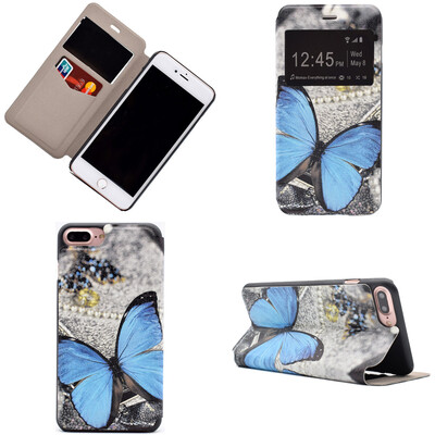 

Blue Butterfly Design Кожа PU откидной крышки Кошелек для карты памяти Чехол для iPhone 7 Plus