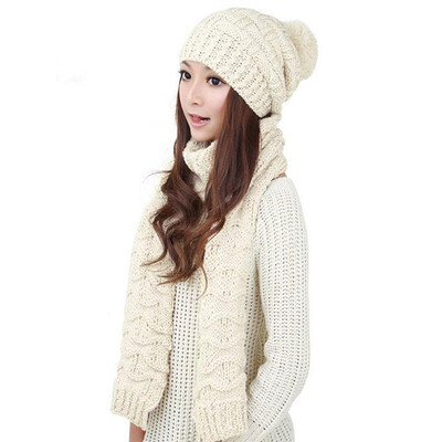

MyMei Womens Warm Woolen Knit Hood Scarf Shawl Caps Hats Suit 1 Set