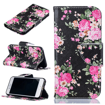 

Black flowers Design PU Leather Flip Cover Wallet Card Holder Case for IPHONE 7