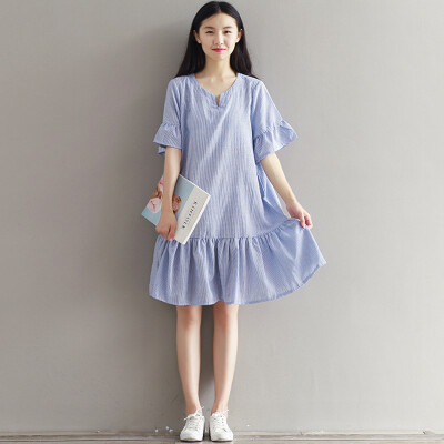 

City Plus CITYPLUS Sen Department of fresh literature and art retro wild stripes loose college wind cotton and linen dress CWQZ173160 blue