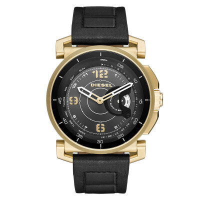 

DIESEL Smart Watch Gold Case Black Leather Strap Activity Tracking Notification Reminder Automatic Update Time Date Second Time Zone No Charge DZT1004