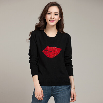 

MAZOE fashion hit color red lips pattern jacquard round collar wild sweater Z1099 black