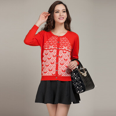 

MAZOE hit color three-dimensional box checkered jacquard round collar fashion knit cardigan Z1110 orange red