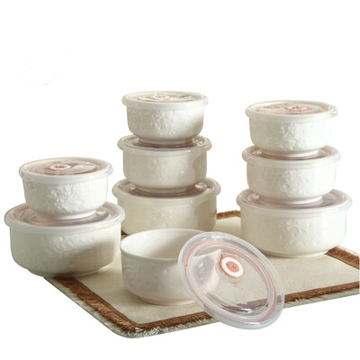

[Jingdong Supermarket] clay figurine ceramic preservation bowl 9 sets of white relief relief box set microwave oven for