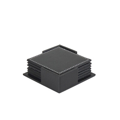 

6pcs Leather Office Desk Square Coasters Set with Holder for Drinks - Black 460183