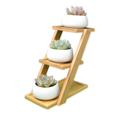 

Fruit flower white porcelain flower pot three flower pots with ladder wood tray meat combination ceramic flower pot meat plant pot creative green plant potted basin without plants