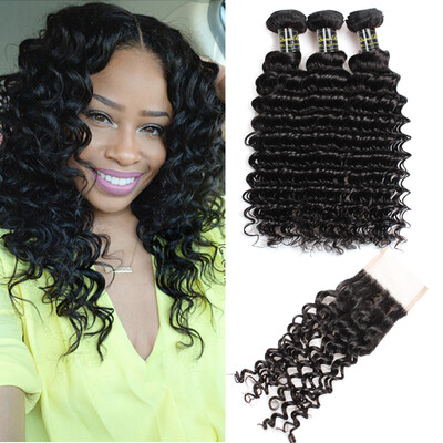 

7A Brazilian Deep Curl Hair With Lace Closure Deep Wave With Cosure Human Hair 3 Bundles Brazilian Virgin Hair With Closure