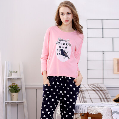 

Red bean home Hodohome pajamas women spring&autumn cotton fresh printing long-sleeved bat sleeves home service suit pink 175 96A