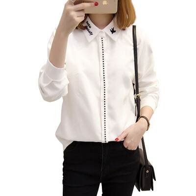 

Long Yue Women 2017 spring new long-sleeved shirt Korean wild casual fashion short paragraph shirt tide LWCC171206 white